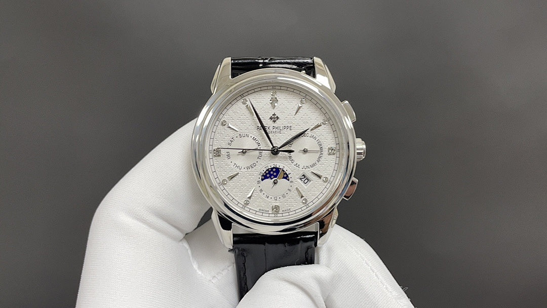 Patek Philippe watch front view with silver dial and black leather strap