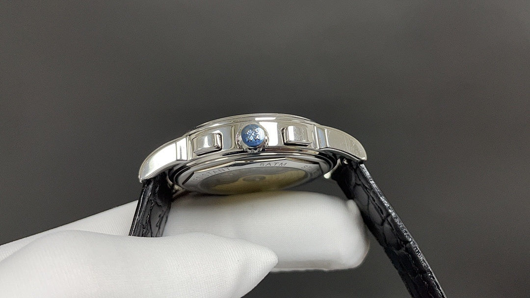 Patek Philippe watch profile with blue accent and black leather strap