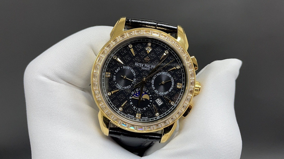 Patek Philippe wristwatch front view with black dial, gold bezel, and leather strap