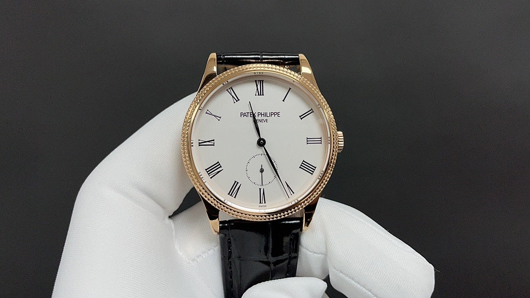 Patek Philippe wristwatch with white dial, black leather strap, and rose-gold case