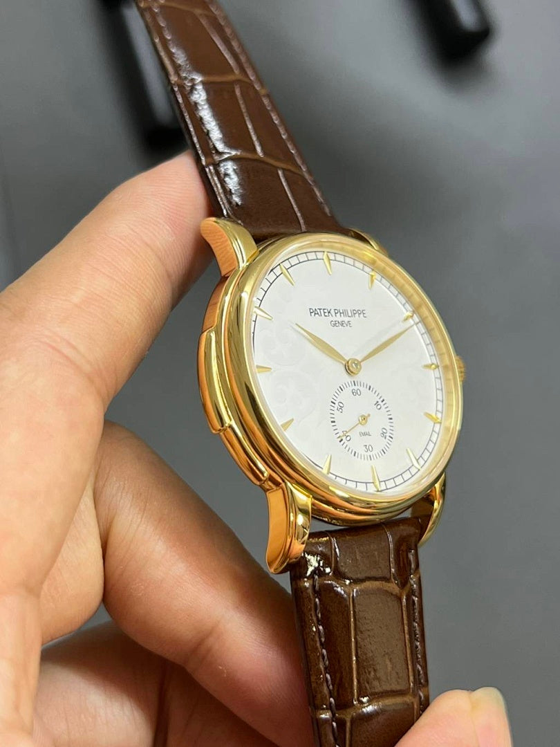 Patek Philippe wristwatch side view, brown leather strap, gold case, white dial