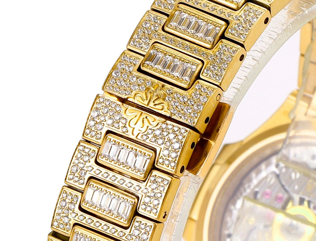 Patek Philippe gold-tone watch bracelet with rectangular jeweled links and clasp