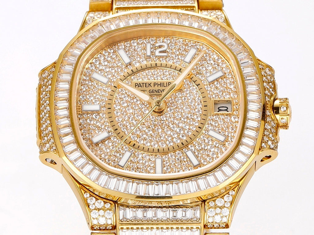 Patek Philippe gold-tone watch with sparkling dial, diamond ring bezel, and logo