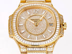 Patek Philippe gold-tone watch with sparkling dial, diamond ring bezel, and logo