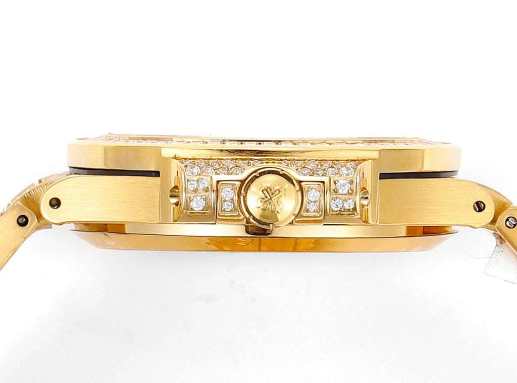 Patek Philippe gold-tone watch case side with diamond bezel and crown detail
