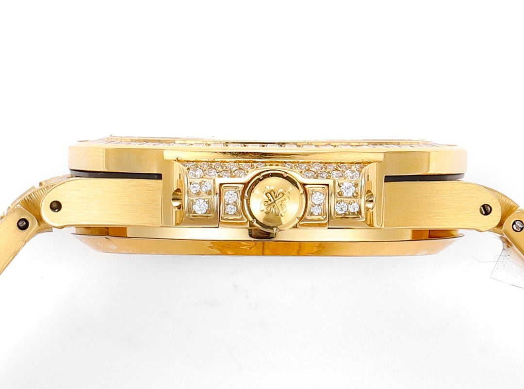 Patek Philippe gold-tone watch case side with diamond bezel and crown detail