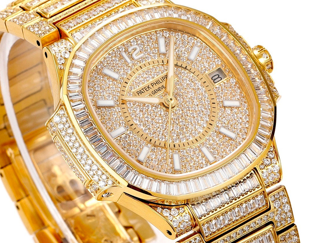 Patek Philippe gold-tone watch dial with Roman numerals, diamond sparkle, and bezel