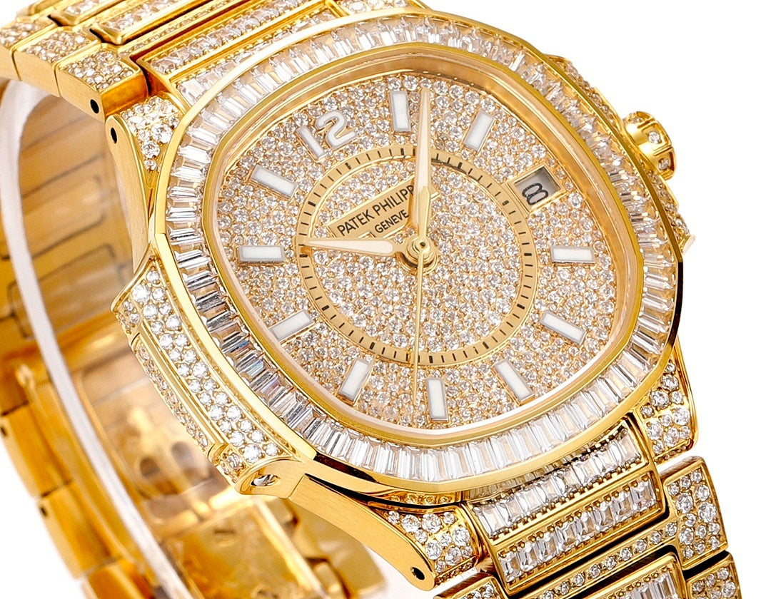 Patek Philippe gold-tone watch dial with Roman numerals, diamond sparkle, and bezel