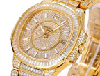 Patek Philippe gold-tone watch with jeweled bezel, diamond strap, and Roman numeral dial