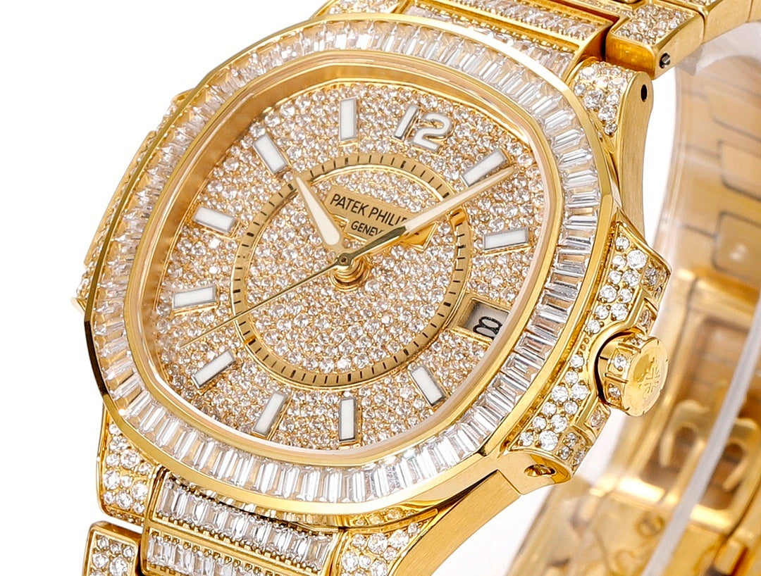 Patek Philippe gold-tone watch with jeweled bezel, diamond strap, and Roman numeral dial