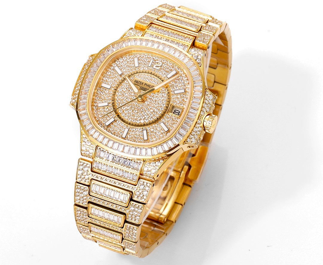 Patek Philippe gold-tone wristwatch with jeweled dial, diamond hour markers, and links