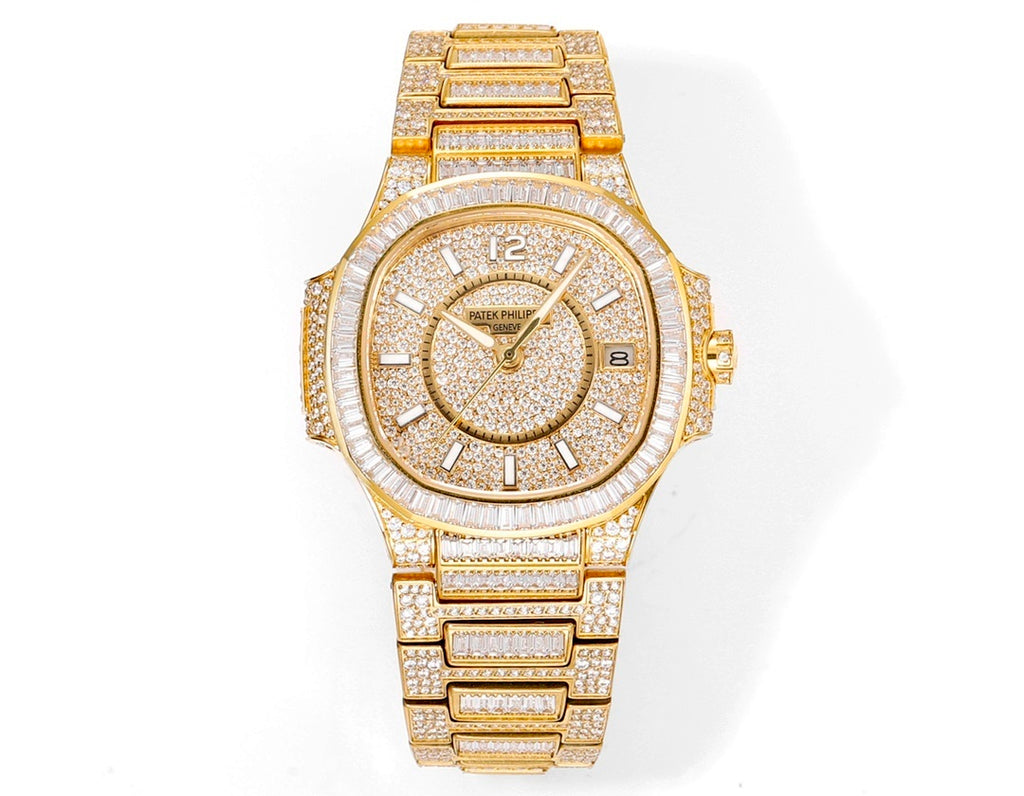 Patek Philippe gold-tone wristwatch with diamond bezel, textured dial, and link bracelet