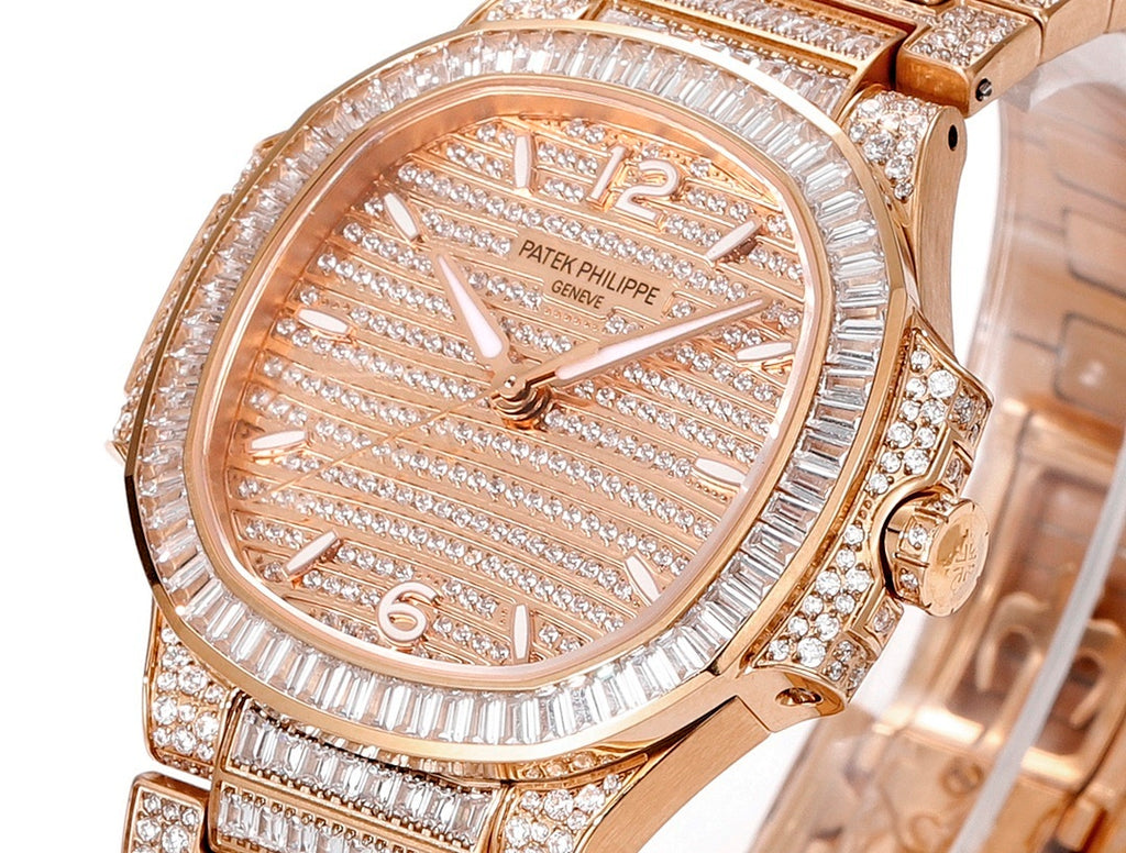 Rose gold diamond wristwatch close-up with textured dial, Roman numerals, and crown