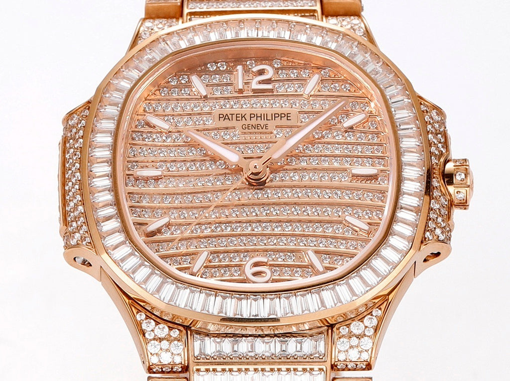 Rose gold diamond wristwatch with textured dial, Roman numerals, and sparkling bezel