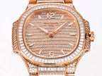 Rose gold diamond wristwatch with textured dial, Roman numerals, and sparkling bezel