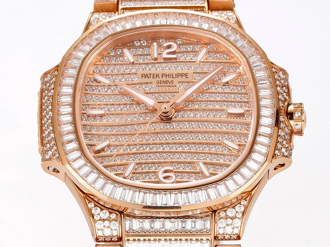 Rose gold diamond wristwatch with textured dial, Roman numerals, and sparkling bezel