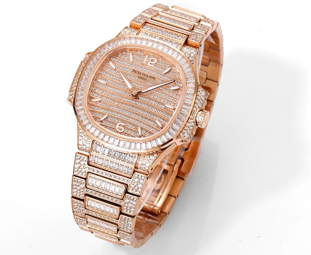 Rose gold jeweled wristwatch in three-quarter view with textured dial and diamond bracelet