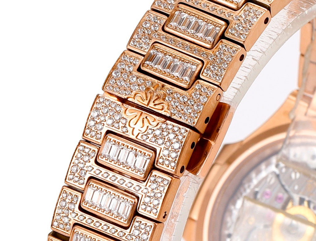 Rose gold diamond bracelet link section with rectangular jeweled panels