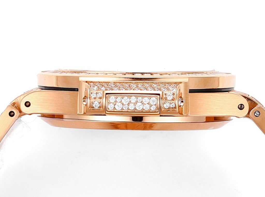 Rose gold wristwatch back view with smooth case and diamond-set bracelet details