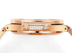 Rose gold wristwatch back view with smooth case and diamond-set bracelet details