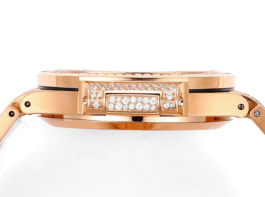 Rose gold wristwatch back view with smooth case and diamond-set bracelet details