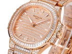 Rose gold diamond wristwatch close-up with textured dial, Roman numerals, and jeweled bezel