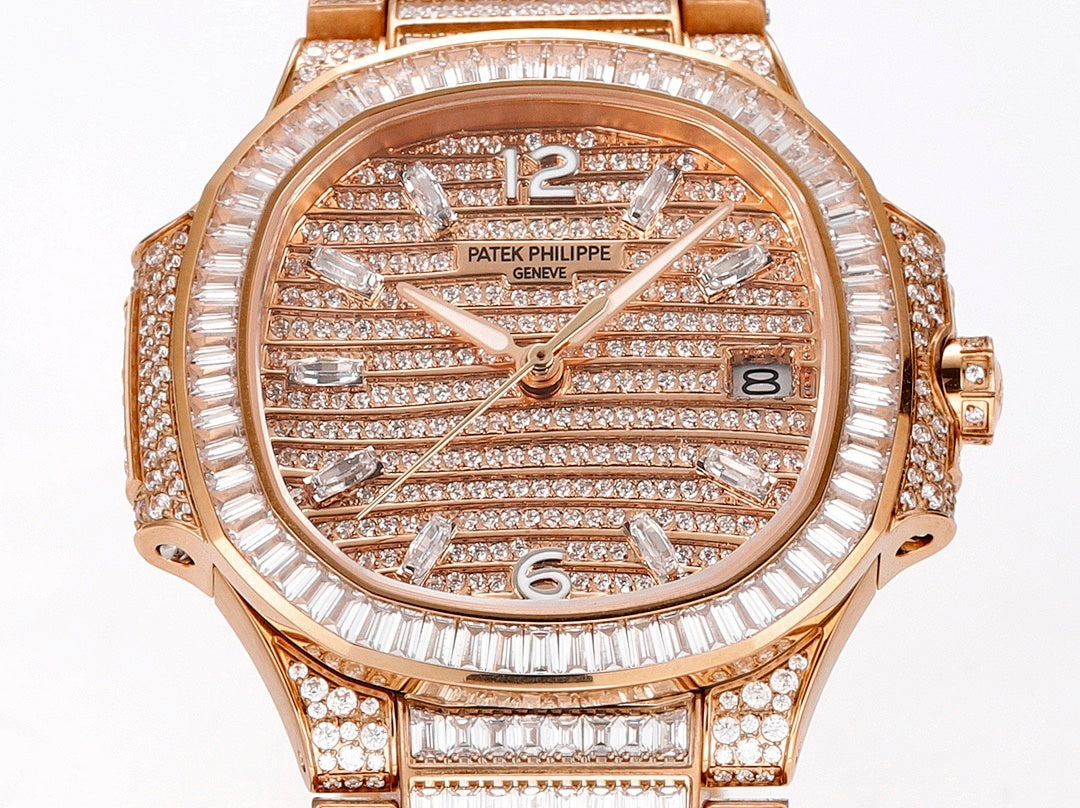 Patek Philippe diamond rose gold wristwatch with textured dial and roman numerals