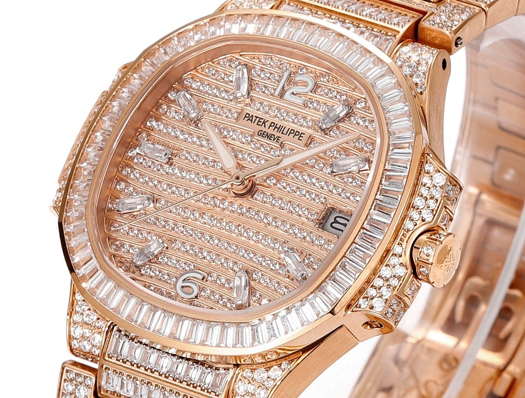 Patek Philippe diamond rose gold wristwatch, angled view of dial and bracelet