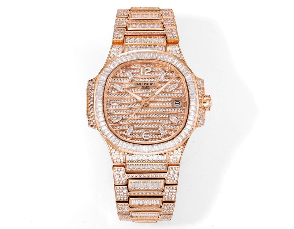 Patek Philippe diamond rose gold wristwatch with link bracelet and round dial
