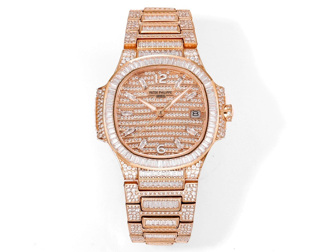 Patek Philippe diamond rose gold wristwatch with link bracelet and round dial