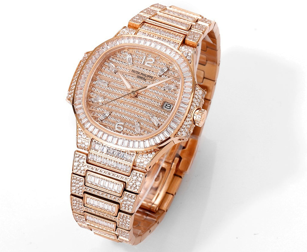 Rose gold diamond wristwatch with link bracelet, three-quarter front view