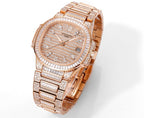 Rose gold diamond wristwatch with link bracelet, three-quarter front view