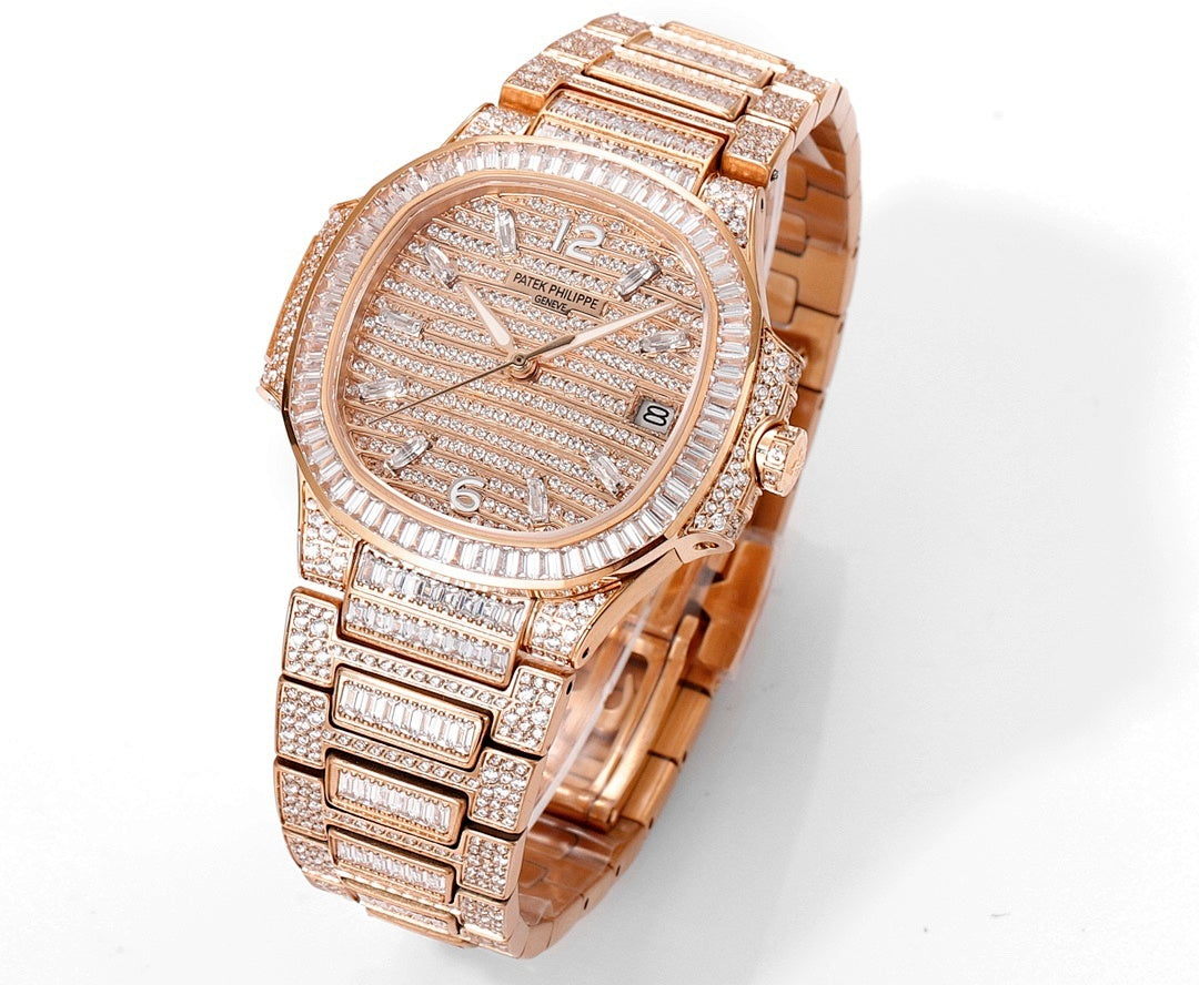Rose gold diamond wristwatch with link bracelet, three-quarter front view