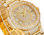 Patek Philippe diamond watch dial with gold hands and hour marks, gemstone set
