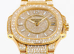 Patek Philippe diamond watch with gold dial, gemstone bezel, Roman hour marks