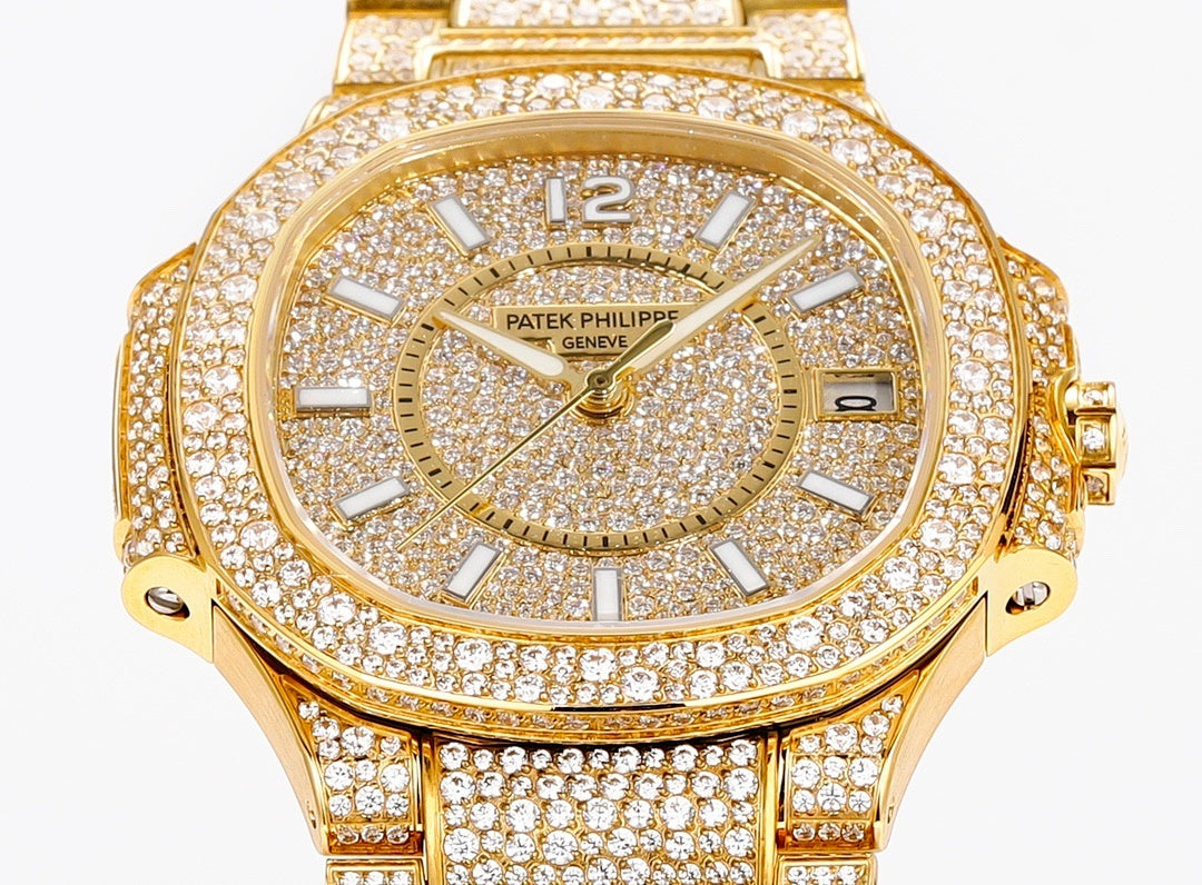 Patek Philippe diamond watch with gold dial, gemstone bezel, Roman hour marks