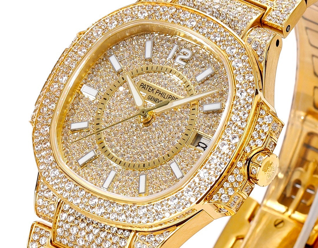 Patek Philippe jeweled watch face close-up, gold case and diamond bezel details