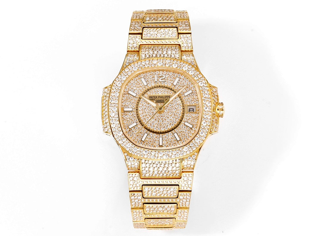 Patek Philippe diamond watch with gold bracelet and jeweled bezel, round dial