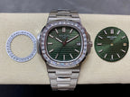 Patek Philippe steel wristwatch with green dial, diamond bezel, date window, and links