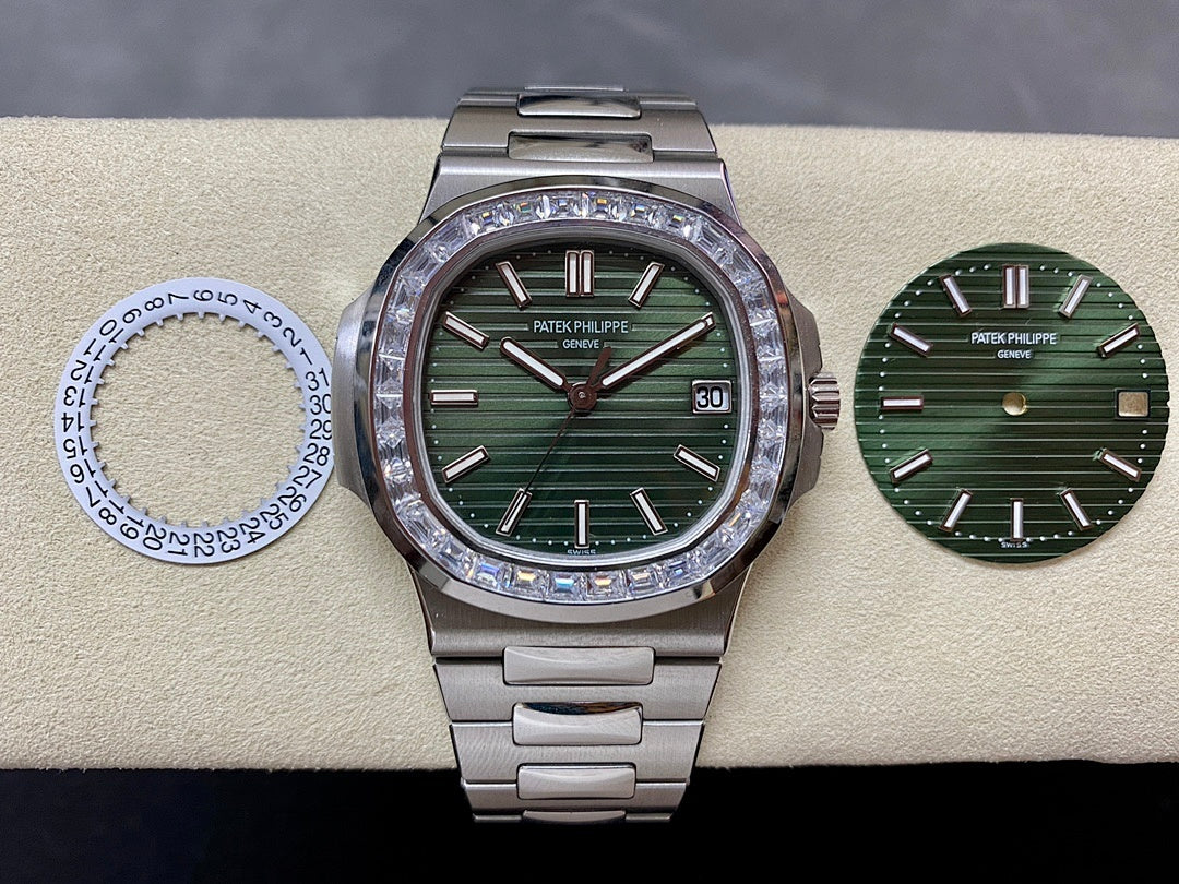 Patek Philippe steel wristwatch with green dial, diamond bezel, date window, and links