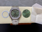 Patek Philippe steel wristwatch with green dial, diamond bezel, date window, and bracelet