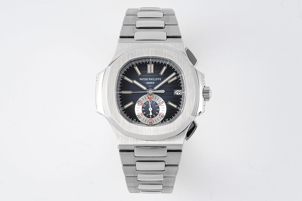 Patek Philippe wristwatch with dark dial, steel link bracelet, and date at 28