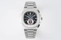 Patek Philippe wristwatch with dark dial, steel link bracelet, and date at 28