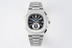 Patek Philippe wristwatch with dark dial, steel link bracelet, and date at 28
