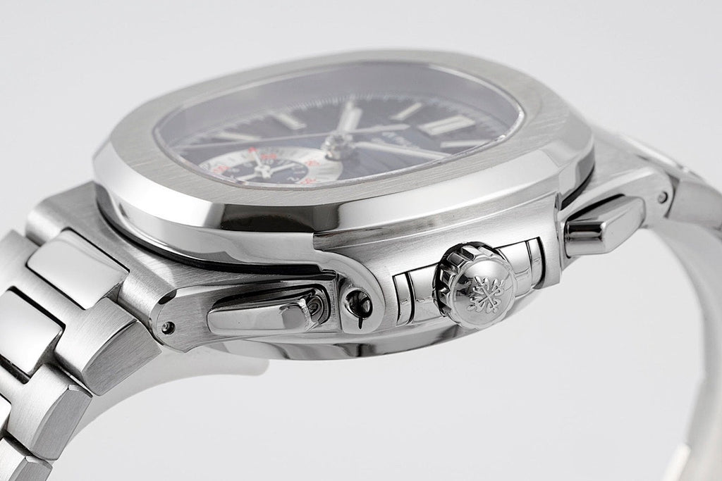 Patek Philippe wristwatch side view with crown, pushers, and brushed steel case