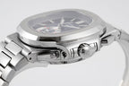 Patek Philippe wristwatch side view with crown, pushers, and brushed steel case