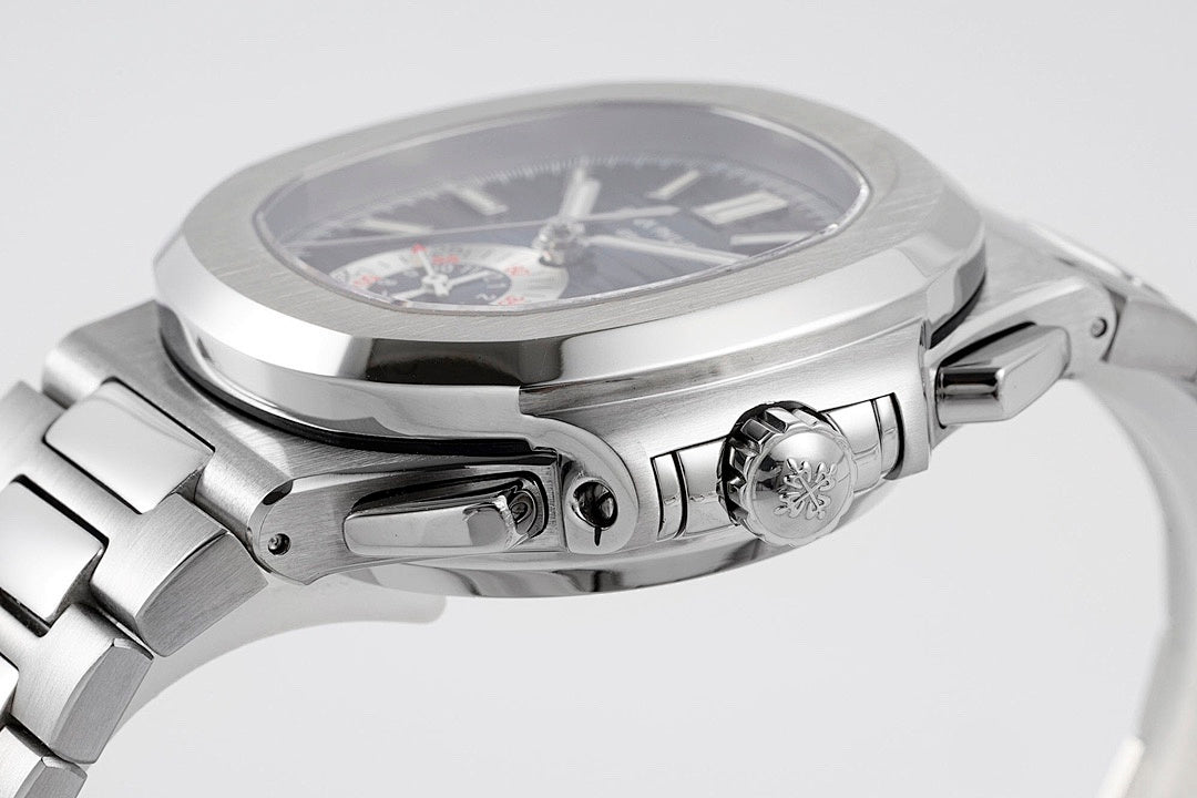 Patek Philippe wristwatch side view with crown, pushers, and brushed steel case