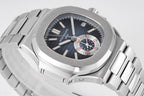 Patek Philippe wristwatch close angled view of dark dial with chronograph subdials