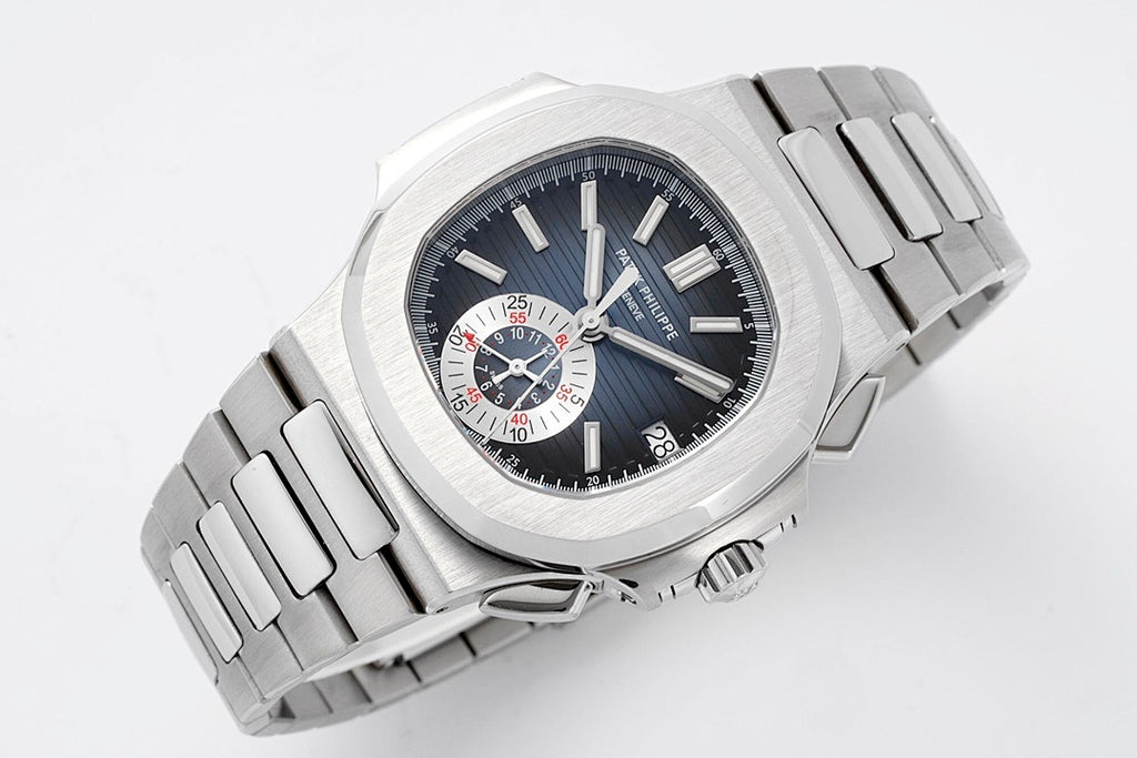 Patek Philippe wristwatch angled front view with dark dial and steel bracelet