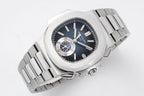 Patek Philippe wristwatch angled front view with dark dial and steel bracelet
